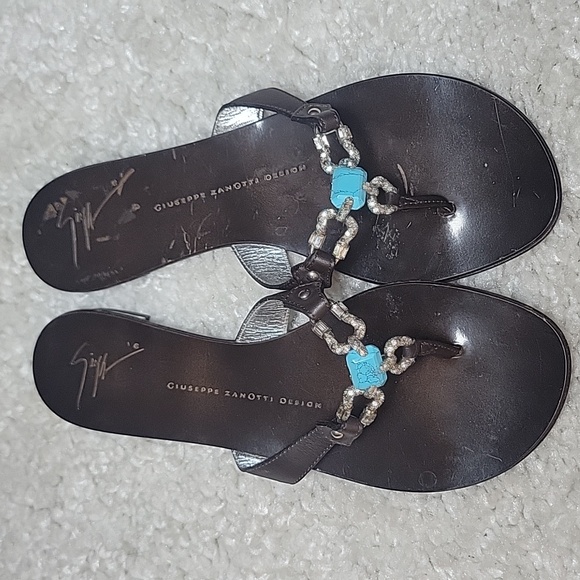 Giuseppe Zanotti Shoes - GIUSEPPE ZANOTTI Brown And  Bling Horseshoe And Turquoise Thong Slides Size 37